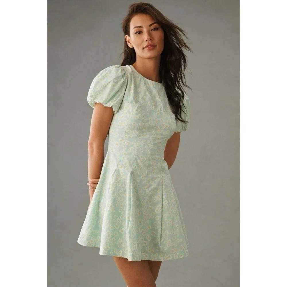 Maeve by Anthropologie Puff-Sleeve Pleated Mini Dress Daisy Floral Mint Green 2X
